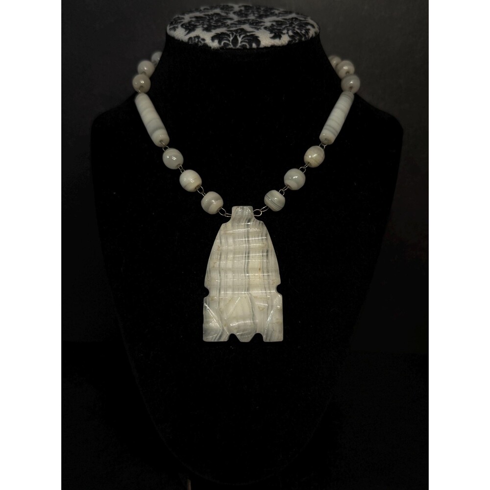 Vintage White Banded Agate Necklace Large Carved Pendant Statement 29.5"